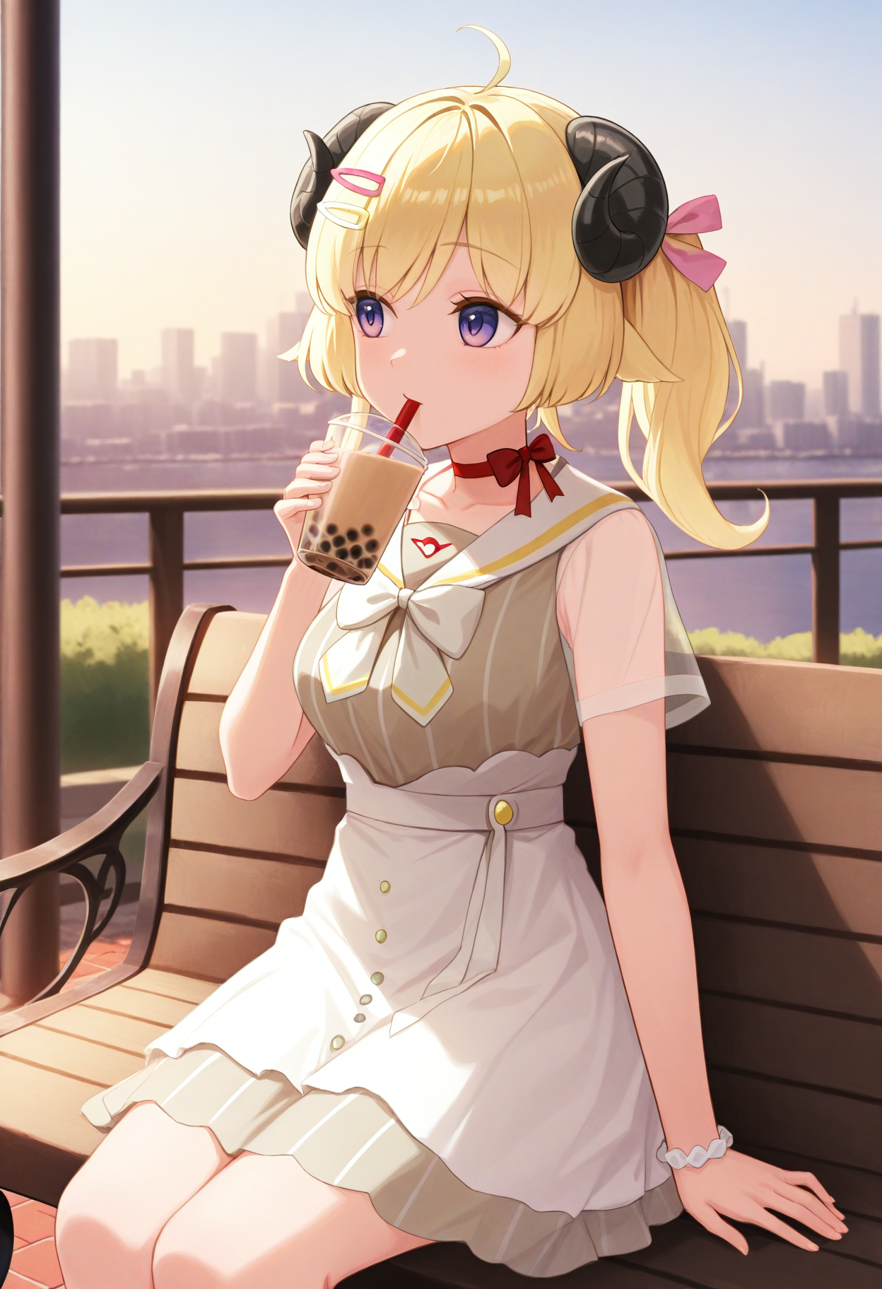 masterpiece, best quality, 1girl, solo, WtmCasual, horns, blonde hair, purple eyes, ahoge, side ponytail, short hair, two-tone hairclip, yellow hairclip, pink hairclip, vertical-striped dress, grey dress, white skirt, high-waist skirt, white sailor collar, red choker, white bow, see-through sleeves, short sleeves, outdoors, sitting, on bench, city, holding bubble tea, drinking straw, drinking straw in mouth, happy, <lora:ChamTsunomakiWatameIllustriousXL:1>, <lora:ChamIllustriousBackgroundEnhancer:1>