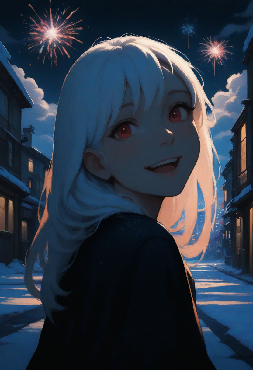 masterpiece, best quality, very aesthetic, 1girl, solo, smile, thin lips, open mouth, upper body, long hair, white hair, red eyes, backlighting, fireworks, aerial fireworks, night, dark, street, building, city, night sky, cloud, snow, colorful