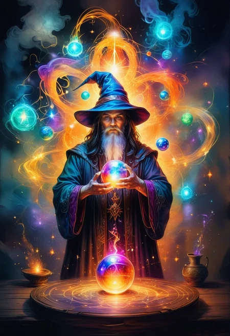 a wizard holding a magical glass sphere, expanding sparks, mysterious spell painting unkown symbols made out of colorful particles in the room, hyperdetailed, eerie, alcohol ink painting