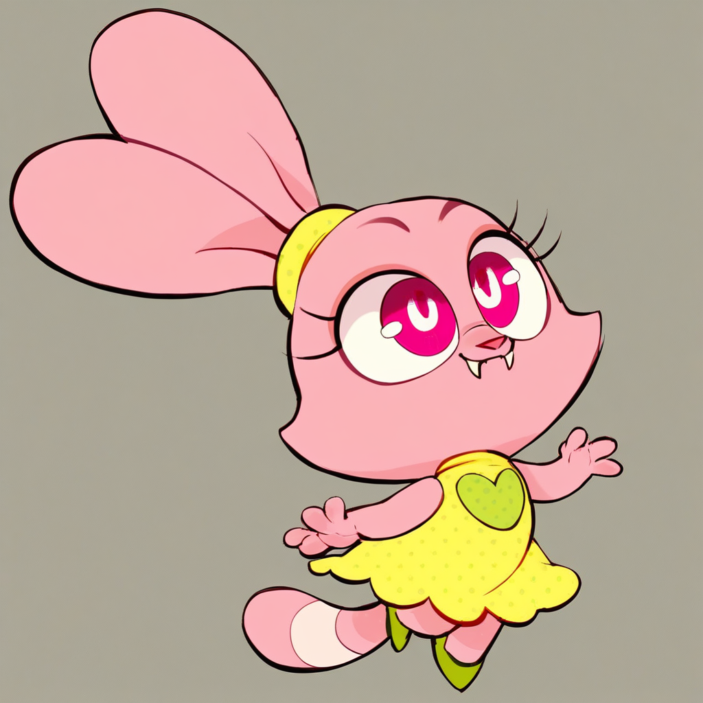 score_8, score_9, panini, rabbit ears, pink eyes, fangs, dress, tail
