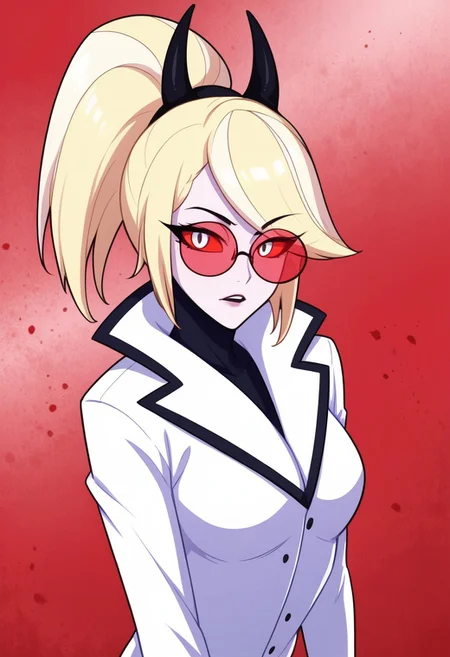 score_9, score_8_up, score_7_up,
masterpiece, best quality, detailed, amazing quality,
detailed background,
detailed eyes, clean eyes,
dynamic pose,
solo, 1woman, woman,
easynegative,
0d3tt3_c4rm1n3, blonde hair, white skin, red white eyes, red glasses, horns, high ponytail