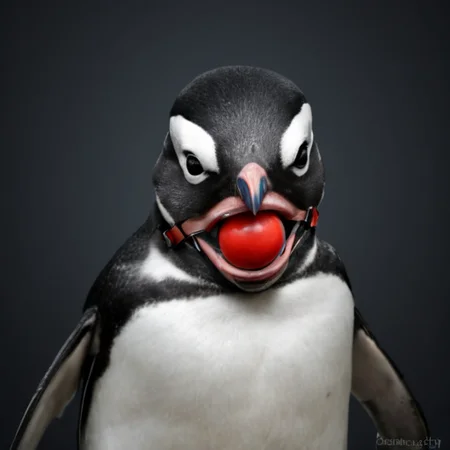 digital drawing of a angry Penguin with a Ball_Gag <lora:BallGag:1>
