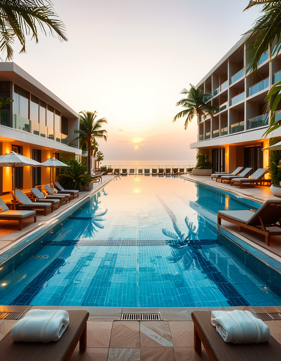 A luxurious hotel swimming pool at sunset, surrounded by elegant lounge chairs and palm trees. The crystal-clear water reflects the warm hues of the sky, creating a serene and inviting atmosphere. The pool has an infinity edge overlooking a breathtaking ocean view, with soft ambient lighting enhancing the tranquil mood. The surrounding area is immaculately maintained, with neatly arranged sunbeds, stylish umbrellas, and a sleek modern poolside bar in the background. The scene is captured in ultra-high resolution, with photorealistic details emphasizing the shimmering water, the textures of the pool tiles, and the gentle movement of palm leaves in the evening breeze.
<lora:SDXLFaeTastic2400:0.4> <lora:extremely_detailed:0.4> extremely detailed, <lora:hotel_sw1mm1ng_p00l:1>,hotel sw1mm1ng p00l, Masterpiece,best quality,hi res,8k,hi res,8k,award winning,(sharp focus, intricate, highly detailed),