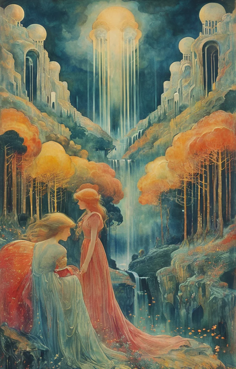 masterpiece,best quality,<lora:tbh140-sdxl:0.7>,landscape,illustration,style of Jean Delville,symbolism,colorful,