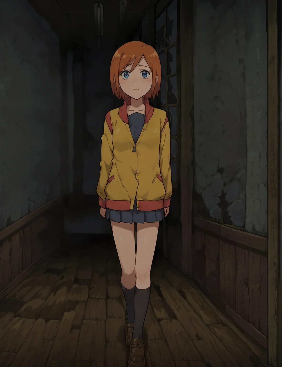 score_9, score_8_up, score_7_up, score_6_up,
BREAK
lunaMWS, 1girl, full body, blue eyes, orange hair, short hair, swept bangs, looking at viewer, small breast, scared, walking
BREAK
serafuku, school uniform, yellow jacket, open jacket, kneehighs, loafers
BREAK
heavenlyhost, school, hallway, tile ceiling, ceiling, ceiling light, window, broken glass, sliding door, wooden floor, white wall, wainscoting, horror \(theme\), night, indoors <lora:Luna_PlanetSurvival-000009:1> <lora:HeavenlyHostBG:1>