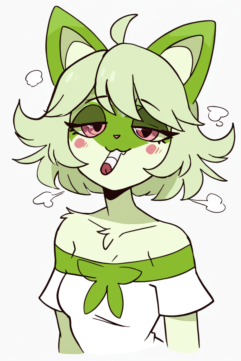 score_9, score_8_up, score_8, medium breasts, (curvy), cute, eyelashes,       BREAK, ,  zzWdcat, 1girl, looking at viewer, blush, short hair, simple background, shirt, white background, animal ears, bare shoulders, upper body, short sleeves, green hair, artist name, cat ears, off shoulder, black shirt, :3, blush stickers, half-closed eyes, cat girl, furry, cropped torso, furry female, <lora:Wdcat_PDXL:1.0>, , BREAK, smile, looking at viewer, cowboy shot, ,,, embedding:zPDXL, <lora:DiivesP1:0.7>,