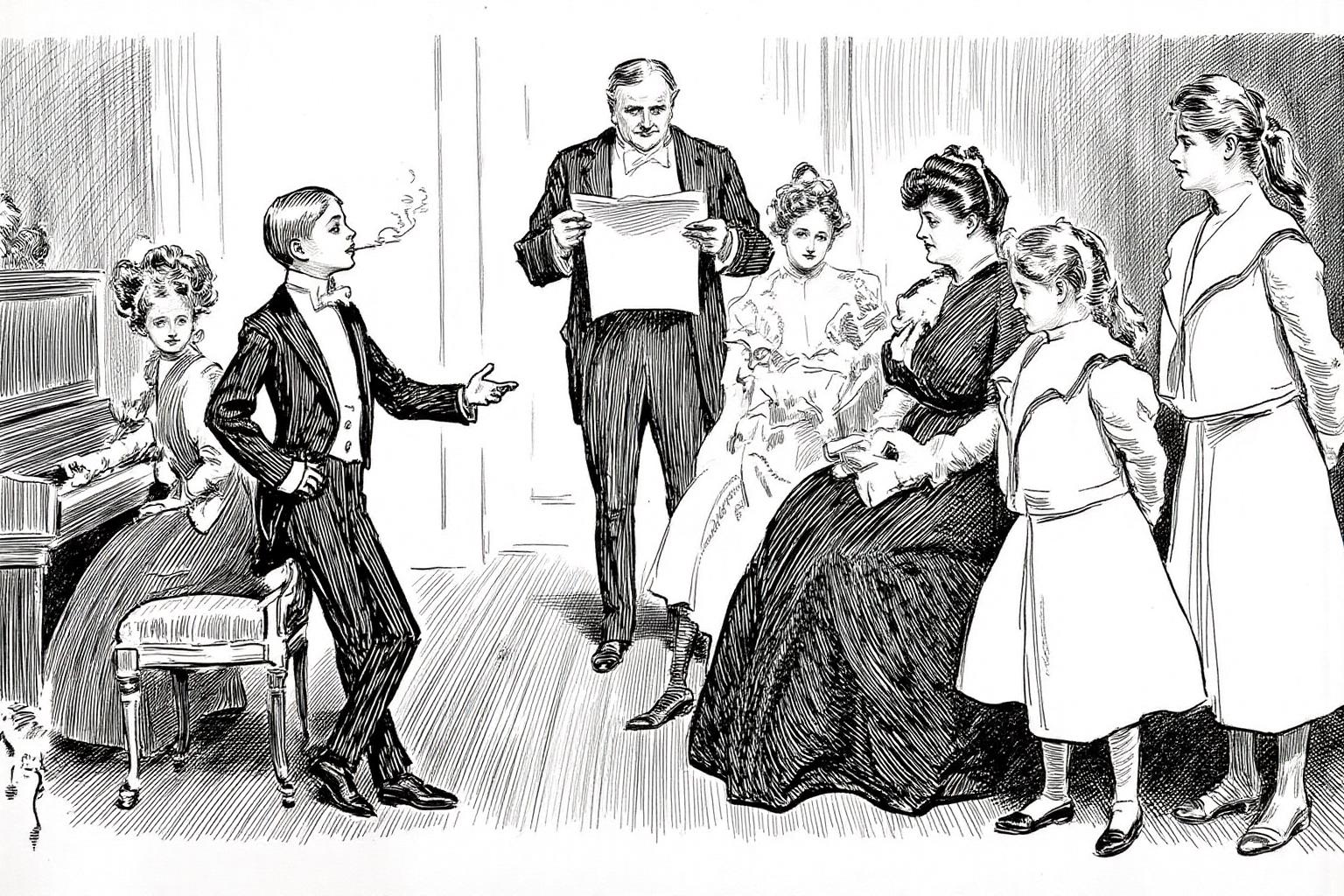charlesdgibson1 illustration.
A formal social gathering set in a Victorian-era parlor. In the center-left, a young boy dressed in a black suit, white shirt, and bow tie stands, gesturing with his hand which hold a cigarette he is smoking.  Behind him are two women, one standing and one sitting at a piano.  On the right is an elderly matron and three young women listening.  Behind them stands a eldery gentlemen holding a piece of newspaper. <lora:charlesdgibson1_cap_d8a4:1.0><lora:839942676775434971:0>
