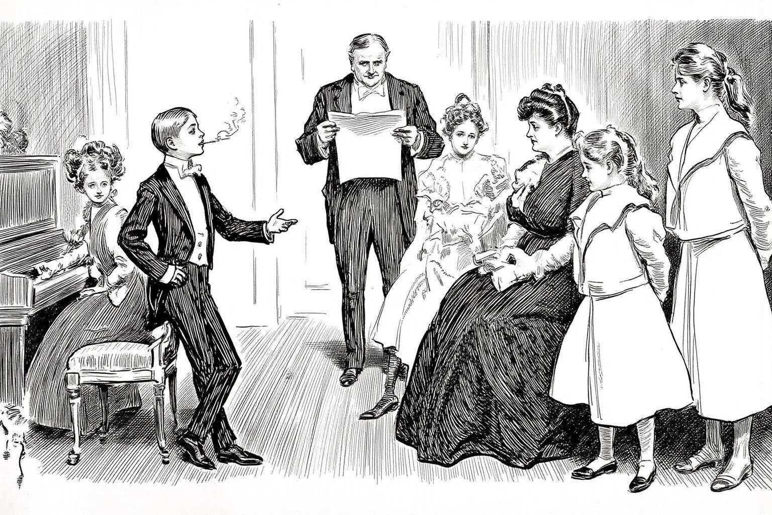charlesdgibson1 illustration.
A formal social gathering set in a Victorian-era parlor. In the center-left, a young boy dressed in a black suit, white shirt, and bow tie stands, gesturing with his hand which hold a cigarette he is smoking. Behind him are two women, one standing and one sitting at a piano. On the right is an elderly matron and three young women listening. Behind them stands a eldery gentlemen holding a piece of newspaper. <lora:charlesdgibson1_cap_d8a4:1.0><lora:839942676775434971:0>