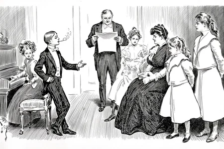 charlesdgibson1 illustration.
A formal social gathering set in a Victorian-era parlor. In the center-left, a young boy dressed in a black suit, white shirt, and bow tie stands, gesturing with his hand which hold a cigarette he is smoking. Behind him are two women, one standing and one sitting at a piano. On the right is an elderly matron and three young women listening. Behind them stands a eldery gentlemen holding a piece of newspaper. <lora:charlesdgibson1_cap_d8a4:1.0><lora:839942676775434971:0>