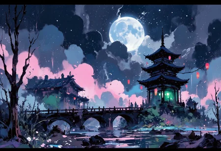 aidmafluxpro1.1, abstract style of Bruce Holwerda,
Special Ink-drawing mode,
A surrealistic landscape depicting a gloomy swampy area. In the middle of the swamp is a three-story wooden pagoda decorated with paper lanterns. The lanterns emit a mystical green light. A long aqueduct crossing the swamp leads to the pagoda. The swamp is lined with low, dried-up trees without leaves, reeds, and small white flowers. The sky is covered with heavy dark clouds, illuminated by the full moon. A pinkish magical smog hangs in the air. 
i11ustmin Illustration