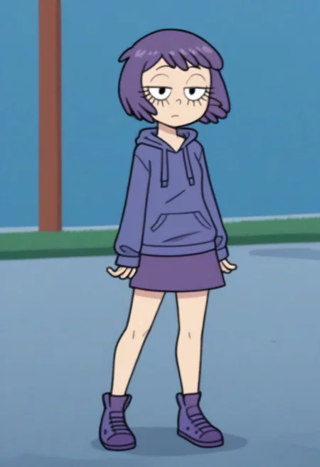 Sh4ri_WYSD, 1 girl, solo, short hair, purple hair, long eyelashes, purple hoodie, purple skirt, purple shoes,