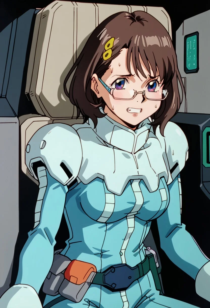 score_8, score_8_up, score_7_up, AWGXS, anime screenshot, retro artstyle,1990s (style), cel animation BREAK 1girl, female focus, solo, Mia_CF, brown hair, medium hair, bob cut, hair ornament, glasses, semi-rimless eyewear, under-rim eyewear, medium breasts, normal suit, pilot suit, blue body suit, utility belt, upper body, cockpit, straight-on, looking at viewer, sitting, nervous, sweating, clenched teeth