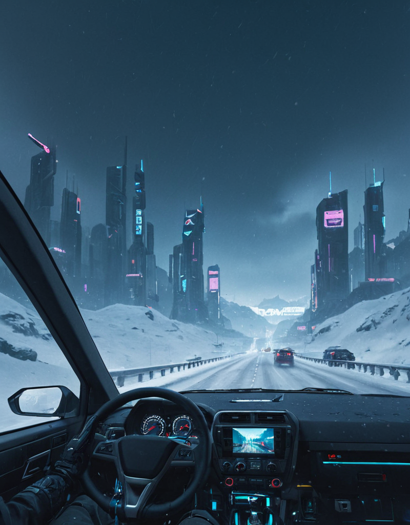 <lora:Space_Worlds_01__Poetic_xl:0.7> sw01p_xl, driving on the highway over a cyberpunk city in snow mountains,