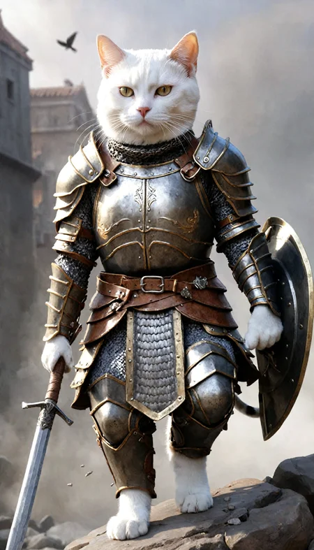 a masterpiece illustration of a cat equipping with heavy armor outfit, embarking on a journey to become the cat warrior, realistic,