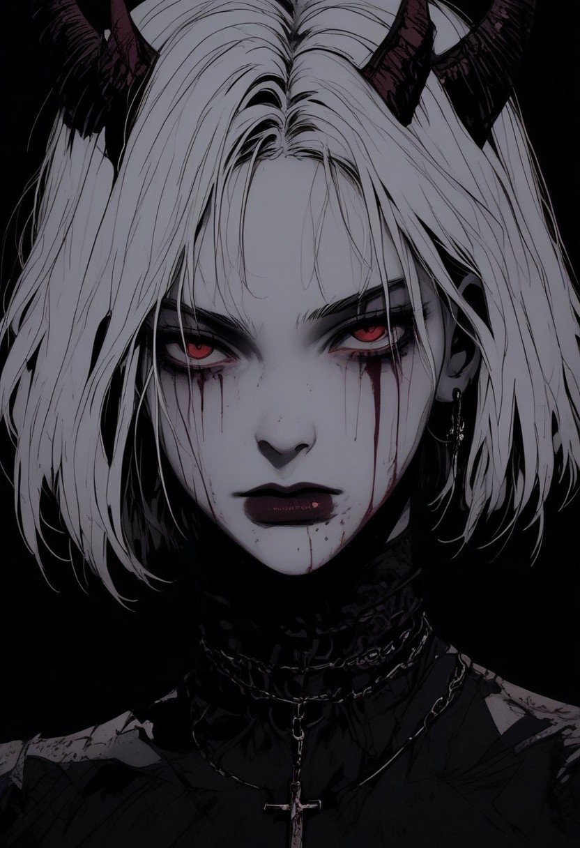 score_9, score_8_up, score_7_up, flat color, blood dripping from mouth, demon girl, demon horns, gthan, gothic, jewelry, red eyes, solo, blood, earrings, cross, 1girl, black background, looking at viewer, portrait, short hair, necklace, blood on face, cross necklace, simple background, spot color, closed mouth, white hair, cross earrings