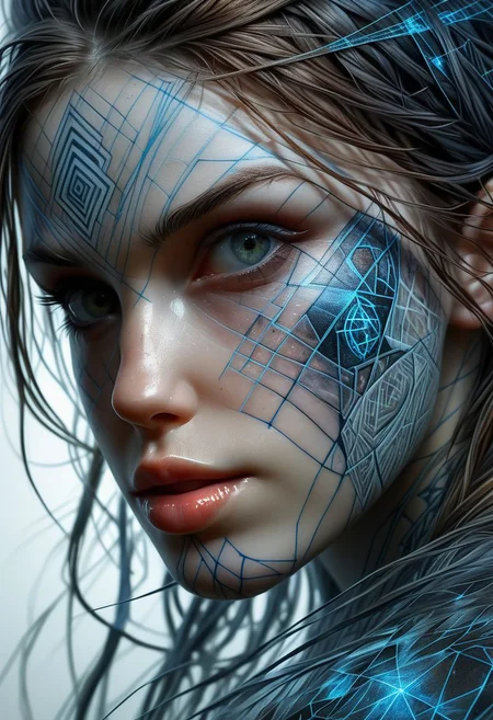 Rune tattoo on girls face, close-up, by Minjae Lee, Carne Griffiths, Emily Kell, Steve McCurry, Geoffroy Thoorens, Aaron Horkey, Jordan Grimmer, Greg Rutkowski, amazing depth, double exposure, surreal, geometric patterns, intricately detailed, bokeh, perfect balanced, deep fine borders, artistic photorealism , smooth, great masterwork by Suiras <lora:add-detail-xl:2> <lora:Double_Exposure:0.5>