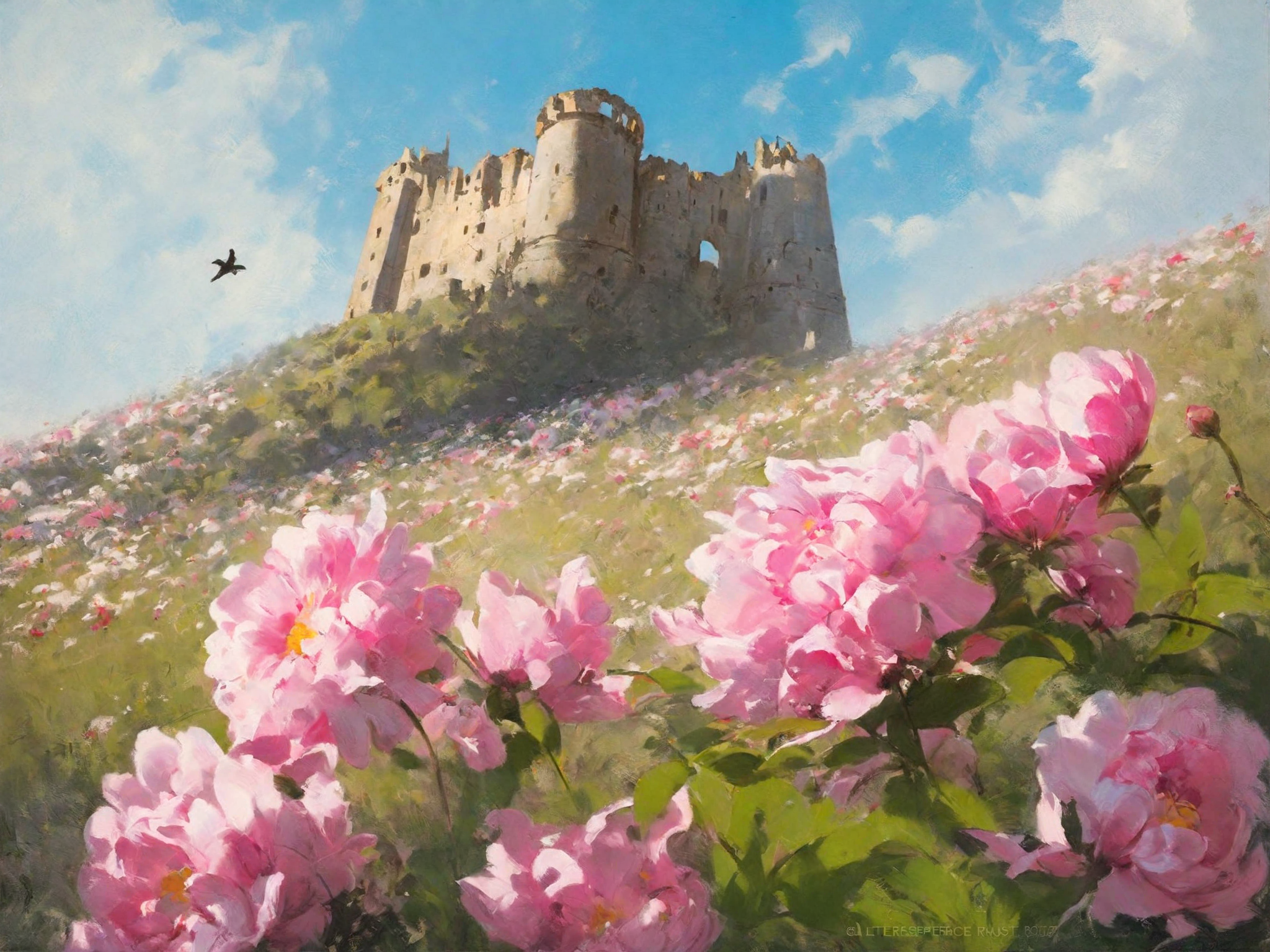 by greg rutkowski, (masterpiece, best quality), flying ruins of an ancient castle, flower, outdoors, letterboxed, day, sky, cloud, black hair, sunlight, pink flower, blurry, blue sky, depth of field