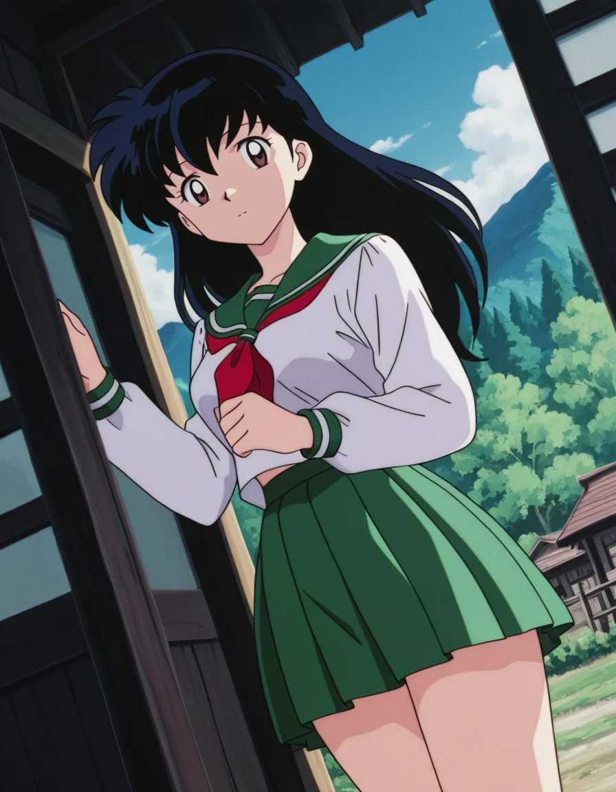 official style,Higurshi kagome (2000s anime analog),retro artstyle,black hair,long hair,bangs,brown eyes,school uniform,serafuku,green sailor collar,red neckerchief,white shirt,green pleated skirt,1girl,(dark matter:-1),(moster:-1),
looking at viewer,
medium large breasts,
perky breasts,explicit,hair between eyes,(bold:3.12),thick outline,black outline,harsh lines,soft lines,deluster,boldline,curvy,slim,(hat:-1),
expressionless,
dutch angle,(anime screencap),(anime coloring:1.2),anime screenshot, animated painting, animated gif,2d cel anime,anime cap,anime,anime style,anime cel,Cel shading,cel shaded,soft brightness,perfect face,perfect nose, perfect hair, perfect eyes,perfect female body,perfect skin,a face of perfect proportion,perfect lighting,perfect anatomy,perfect proportion,perfect hands,perfect legs,perfect fingers,masterpiece,super fine illustration,best quality,very aesthetic,absurdres,16k,intricate detail,amazing quality,detailed linework,vibrant colors,kawaii,flat color,sky,(Japanese Ancient Village:2),mountain,forest,day,
 <lora:ç¬å¤åæ¥æ®ããã2000å¹´ä»£ã¢ãã¡ã¢ãã­ã°ä½ç»é¢¨illustriousInuyashaHigurashi_Kagome2000s_anime_analog_painting_Styleillustrious:1:0.8>