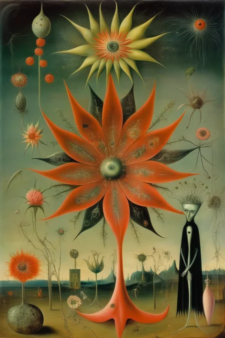 <lora:Leonora Carrington Style:1>Leonora Carrington Style - a psycodelic flower with mystic symbols in the surrealist style of Leonora Carrington and remedios varos