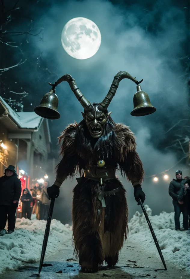 A scene of one Krampus figure standing in a snowy forest with large, decorated bells and a menacing posture, surrounded by panicking villagers, under the glow of a full moon, with shadows dancing eerily around, creating an atmosphere of suspense, in sharp focus, with crisp details, and a freeze-frame effect.<lora:bv-krampus-v1.safetensors:1.0:1.0>