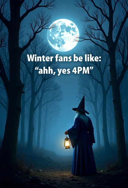At the top of the image bold white text spells out "Winter fans be like: 'ahh, yes 4PM'". Beneath the text, a photorealistic scene captures the dead of night in a dark, misty forest. A full moon hangs high in the sky, casting a cold, silvery light over the scene, illuminating bare, twisted trees that surround an old wizard standing in the shadows. The wizard, dressed in deep blue robes and a tall, pointed hat, holds a small, glowing lantern that emits a warm, faint light around him, contrasting against the moonlight. The eerie, quiet forest is enveloped in thick mist, adding to the mysterious atmosphere as the lantern barely pierces through the darkness.