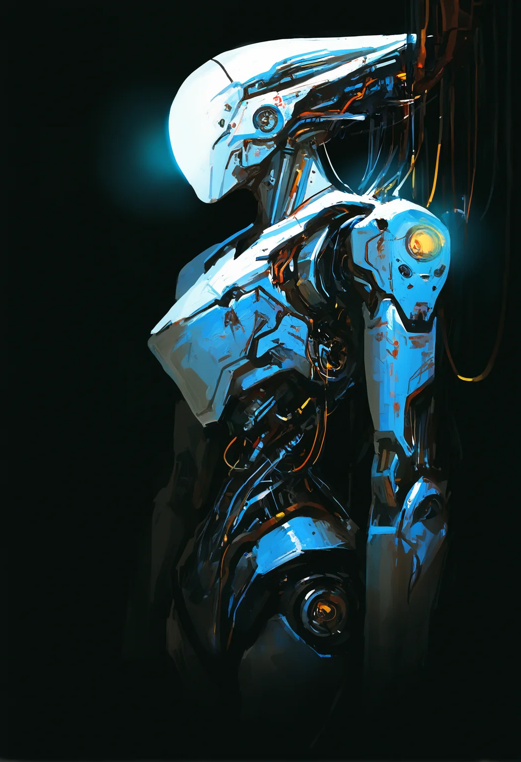 masterpiece, best quality, newest, highres, absurdres,focused subject,no lineart, no outline, solo, no humans, glowing, robot, 1other, science fiction, cable, damaged, humanoid robot, impressionism,traditional media, painterly,from side