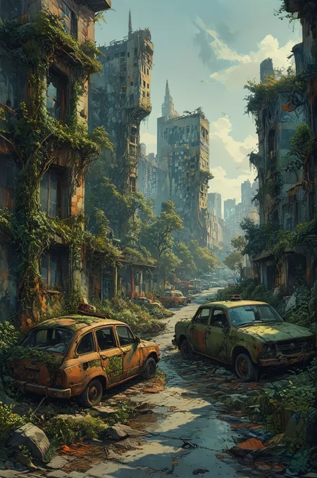A post-apocalyptic wasteland reclaimed by nature, where crumbling skyscrapers are overgrown with vines and moss, and rusted-out cars lie abandoned in the streets. The remnants of civilization are slowly being reclaimed by the earth, as new life emerges from the ashes of the old. (masterpiece, award winning artwork)
many details, extreme detailed, full of details,
Wide range of colors, high Dynamic
<lora:EldritchMixIllustration_1.0:1.0>
<lora:add-detail-xl:0.89>
<lora:xl_more_art-full_v1:0.4>
<lora:MJ52:0.4>