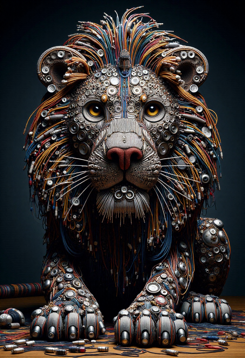 <lora:Audio_Artisan_FLUX:0.9>
Realistic photo of a lion made entirely of various electronic components and audio equipment.