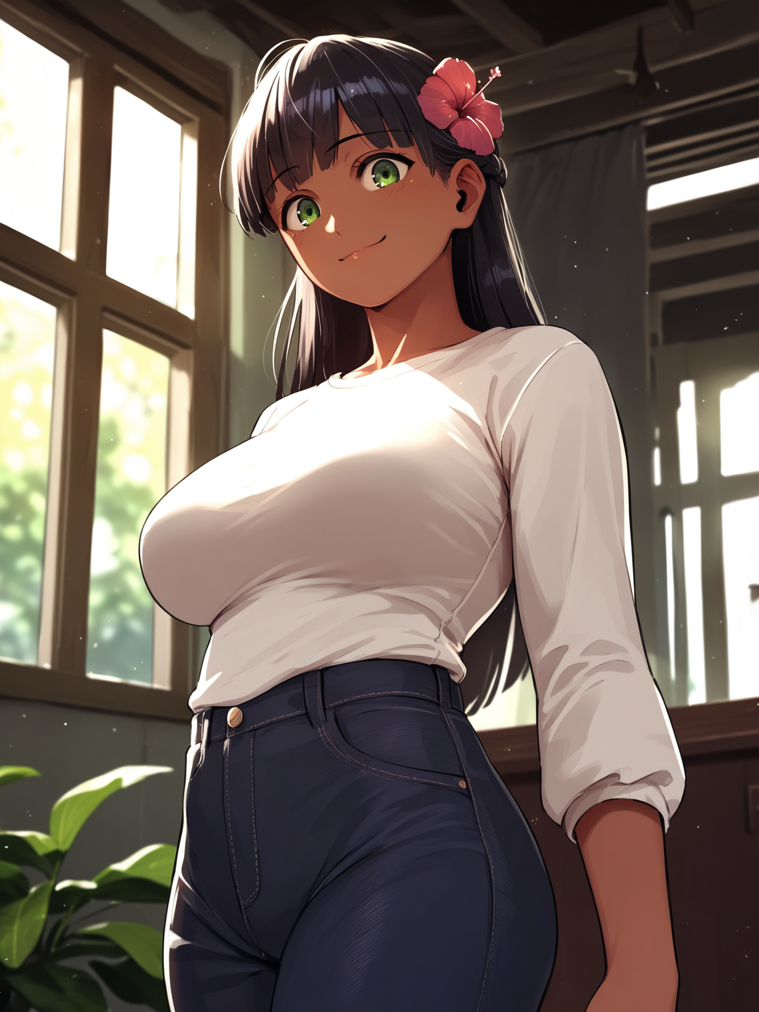 <lora:happy_tentacle-ranee-v0.4-000028:0.9>, ht_ranee, dark-skinned female, hair flower, black hair, green eyes, large breasts, shirt, pants, indoors , 1girl, solo, portrait , , (happy :1.2), , looking down , standing , from side , score_9, score_8_up, score_7_up, score_6_up, score_5_up, score_4_up
