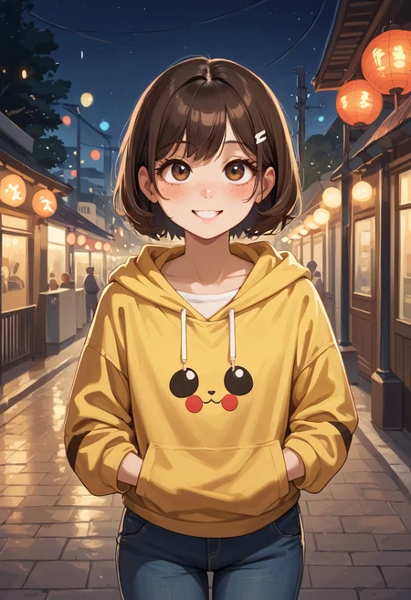 score_9, score_8_up, score_7_up, score_6_up,
cute picture,
top view:1.4,
cute little girl, freckled, looks up with her two big eyes, a big cute smile crosses her face, she is pretty and proud of her yellow sweatshirt with pikachu print, she is standing in a city at night full of lights (Japan), with her hands she makes the symbol of a heart, it seems very big compared to the size of the girl, it is night, it is illuminated by the light of a street lamp, embed: civit_nsfw, 1 girl, perfectly flat chest, perky little tits