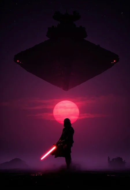 A lone Mandalorian bounty hunter looms in the foreground, his beskar armor swallowing the last dying light of a sun long set. The deep, bruised shades of crimson and violet stain the horizon, casting jagged edges around his imposing silhouette. His helmet—featureless, expressionless—reflects nothing, a cold void where a face should be.
No warmth lingers in the air. Mist coils around his legs like spectral hands, devouring the ground beneath him, as if the planet itself seeks to reclaim him. His gloved fingers rest lightly on the worn grip of his blaster, the weapon hanging heavy at his side, waiting. The weight of unseen violence presses against the silence, coiled and patient.
Above him, blotting out the sky, a colossal Star Destroyer looms in the darkness—old, battle-scarred, and terrifying in its sheer presence. Its hull is pitted with the scars of a thousand battles, yet it drifts in eerie silence, its massive silhouette devouring the faint starlight. The ship’s underbelly bristles with turrets, their lifeless muzzles aimed downward like the gaze of a slumbering giant. Faint, cold lights pulse along its surface, the only sign that something inside still breathes.
The Mandalorian does not shift, does not breathe—he simply exists, a relentless force of fate standing between survival and the abyss. And above him, the war machine waits, a silent god hanging in the void.