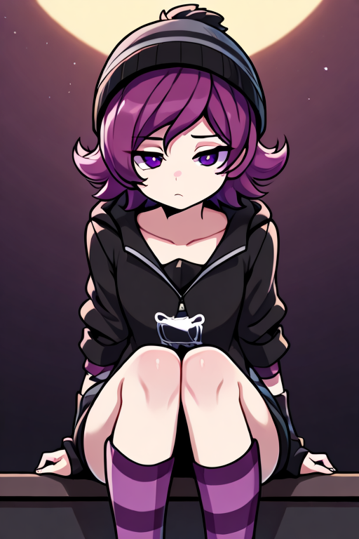 masterpiece, best quality, Detailed, 2D, 1girl, solo, Uzi, Purple Hair, Purple Eyes, beanie, black hoodie, striped socks