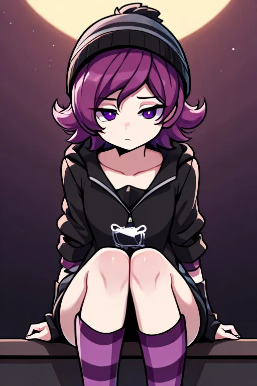 masterpiece, best quality, Detailed, 2D, 1girl, solo, Uzi, Purple Hair, Purple Eyes, beanie, black hoodie, striped socks