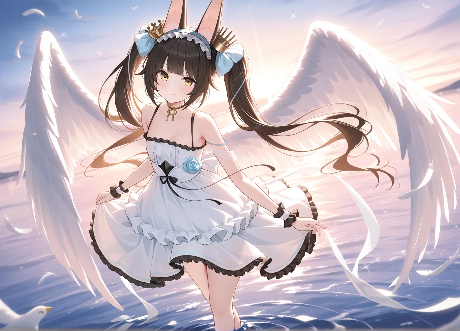 <lora:nagato_IL_v1.0:1>,nagato \(guardian fox's procession\) \(azur lane\),frilled dress,crown,twintails,hairband,angel wings,looking at viewer,standing on liquid,smile,, masterpiece,best quality,