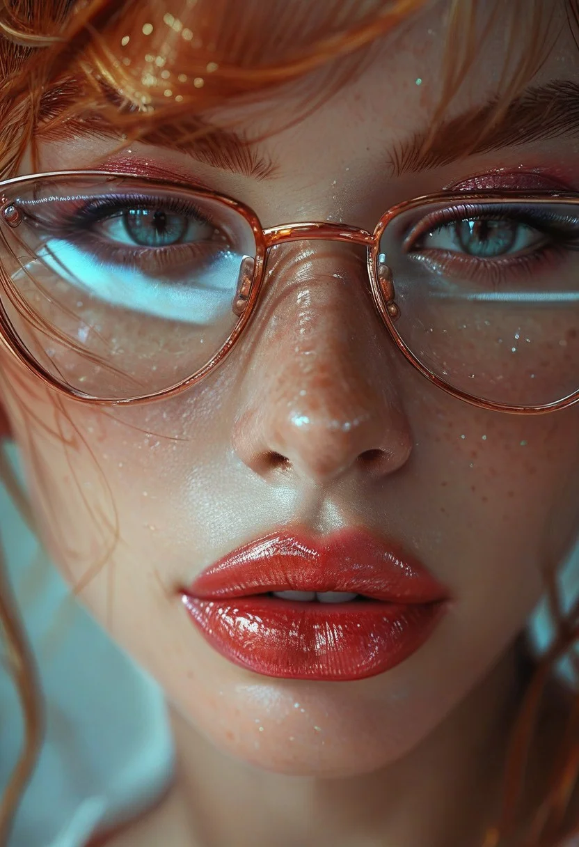 score_9, score_8_up, score_7_up, score_6_up, solo, 1girl, looking at viewer, lips, close-up, realistic, freckles, portrait, slight smirk, makeup, pale skin, eyeglasses, lipstick