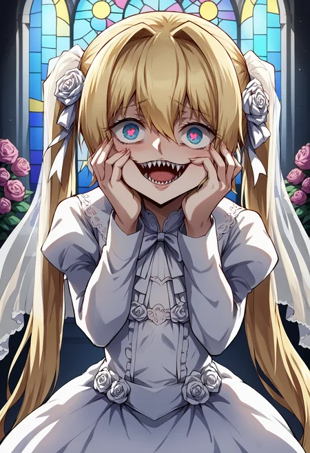 score_9, score_7_up, source_anime, uncensored, zPDXLxxx, <lora:intricate_details:0.5> intricate_details_xl, gradient background, indoors, church, flower background, cowboy shot, face focus, close-up <lora:EbiblueXL:1> ebiblue
1girl, solo, li, blonde hair, twintails, very long hair, hair between eyes, crazy eyes, heart-shaped pupils, looking at viewer, wedding dress
<lora:Yandere_Expression_v1.0:0.2> Yandere trance, hands on own face, hands on own cheeks, fingernails, skin fang, sharp teeth