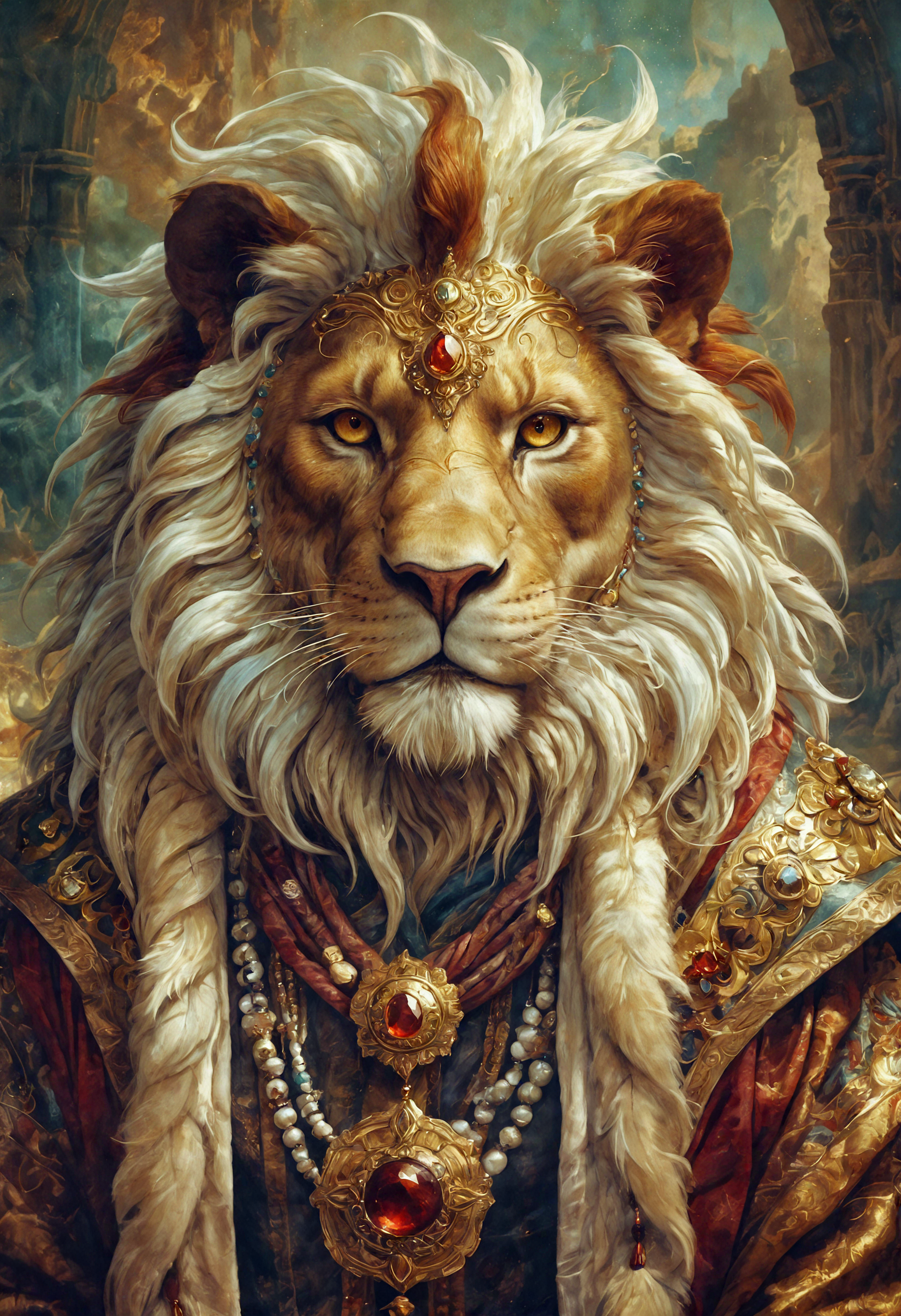 ethereal fantasy concept art of   . magnificent, celestial, ethereal, painterly, epic, majestic, magical, fantasy art, cover art, dreamy, hyper detailed, anthropomorphic lion, white fur, yellow eyes, tribal markings, adorned with jewelry, medallions, white robes, braids, red sash, fantasy character, portrait orientation, detailed fur texture, intricate designs on clothing and jewelry, serene expression, standing indoors, background blurred, high detail, digital art, illustration,