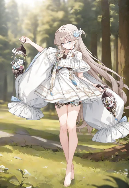solovey, 1girl, solo, blue eyes, hair ornament, hair flower, white dress, looking at viewer, barefoot, standing, thigh strap, holding lantern, arm up, arm at side, light smile, full body, three-quarter view, looking at viewer, forest, masterpiece, best quality, highres, absurdes, depth of field, newest, year2024, <lora:solovey:1>