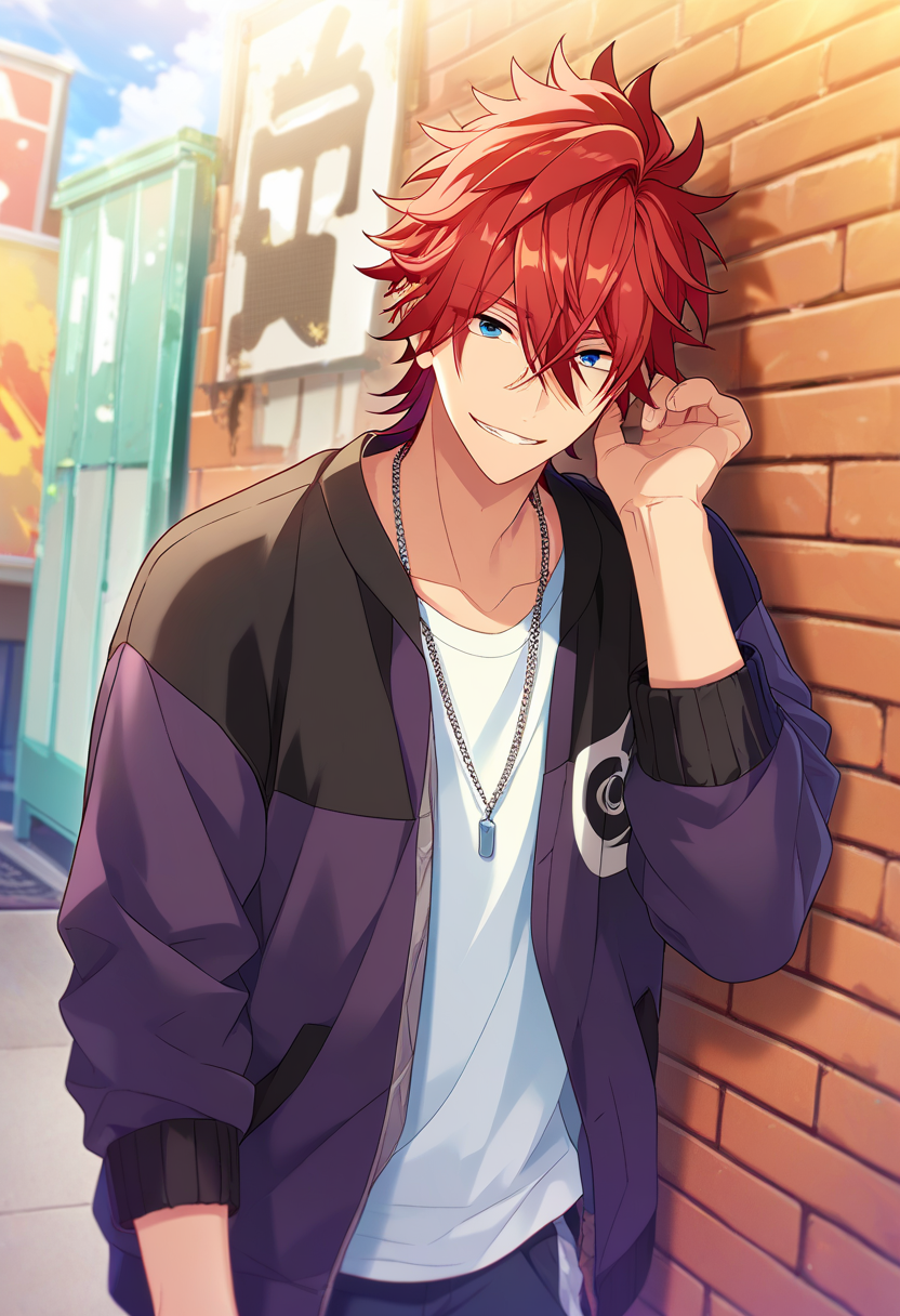 1boy, male focus,
  <lora:Amagi_Rinne_Pony__Ensemble_Stars:0.8> amagi rinne, red hair, blue eyes
((zPDXL)), score_9_up, score_8_up, score_7_up, score_6_up, score_5_up, score_4_up, best quality, amazing quality, best aesthetic, absurdres, year2023, nsfw, game cg, official art, official style,  uncensored,
smile, against wall, open jacket, purple jacket, white shirt, necklace, outdoor, looking at viewer, paint splatter, necklace,