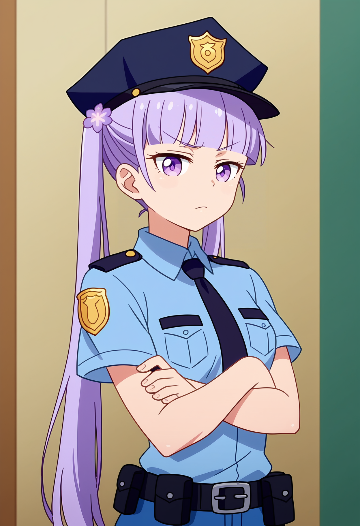 score_9, score_8_up, <lora:EmployeeAobaSuzukaze_Exotica:1>, 1girl, solo, small breasts, long purple hair, purple flower hair ornament, twintails, purple eyes, blunt bangs, policewoman, police uniform, police hat, standing, crossed arms, serious expression, anime screencap, anime coloring, source_anime