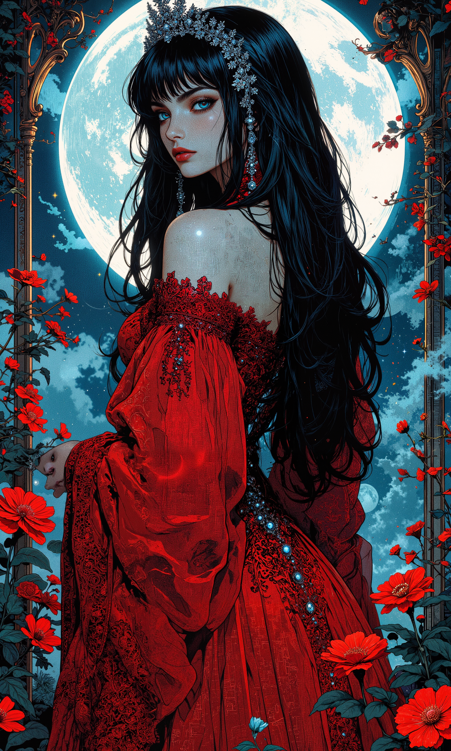 Illustration of an enigmatic woman with piercing azure eyes, cascading raven-black hair, adorned in an intricately detailed crimson gown with delicate lace patterns. Her posture exudes elegance and confidence, accentuated by a delicate silver tiara. The background features a serene moonlit garden with soft, ethereal lighting casting gentle shadows, creating a dreamlike ambiance. The artwork blends elements of realism and fantasy, with a harmonious color palette of deep reds, silvers, and soft blues. The composition highlights her poised silhouette, framed by wisps of mist and blooming night flowers. The scene captures a sense of mystery and allure, enhanced by the vivid detail and masterful use of contrast, achieving a stunning masterpiece worthy of admiration, rendered in 8k resolution with hyperrealistic depth and texture. <lora:RetroAnimeFluxV1:0.6> <lora:Blue_Future:0.5> <lora:test2-000013:0.2> <lora:aidmaMJ6.1-FLUX-v0.4:0.5> <lora:FluxMythAn1meL1nes:0.4>