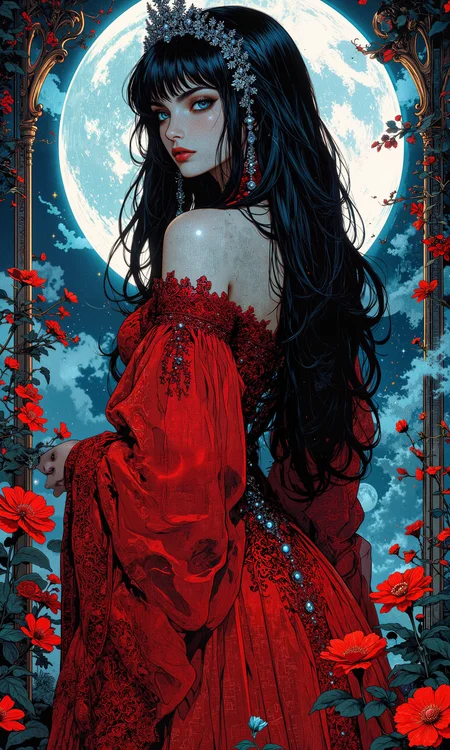 Illustration of an enigmatic woman with piercing azure eyes, cascading raven-black hair, adorned in an intricately detailed crimson gown with delicate lace patterns. Her posture exudes elegance and confidence, accentuated by a delicate silver tiara. The background features a serene moonlit garden with soft, ethereal lighting casting gentle shadows, creating a dreamlike ambiance. The artwork blends elements of realism and fantasy, with a harmonious color palette of deep reds, silvers, and soft blues. The composition highlights her poised silhouette, framed by wisps of mist and blooming night flowers. The scene captures a sense of mystery and allure, enhanced by the vivid detail and masterful use of contrast, achieving a stunning masterpiece worthy of admiration, rendered in 8k resolution with hyperrealistic depth and texture. <lora:RetroAnimeFluxV1:0.6> <lora:Blue_Future:0.5> <lora:test2-000013:0.2> <lora:aidmaMJ6.1-FLUX-v0.4:0.5> <lora:FluxMythAn1meL1nes:0.4>