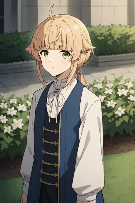 score_9, score_8_up, score_7_up, source_anime,
1girl, looking at viewer, standing,
outdoors, garden, flowers,
<lora:norn_greyrat_anime_s2-soralz:1>, norn_greyrat, bangs, blonde hair, long hair, yellow green eyes, ahoge, sidelocks, blunt bangs, hair flaps, low ponytail,
blue dress, white ribbon, white sleeves, long sleeves, white shirt, black shirt,