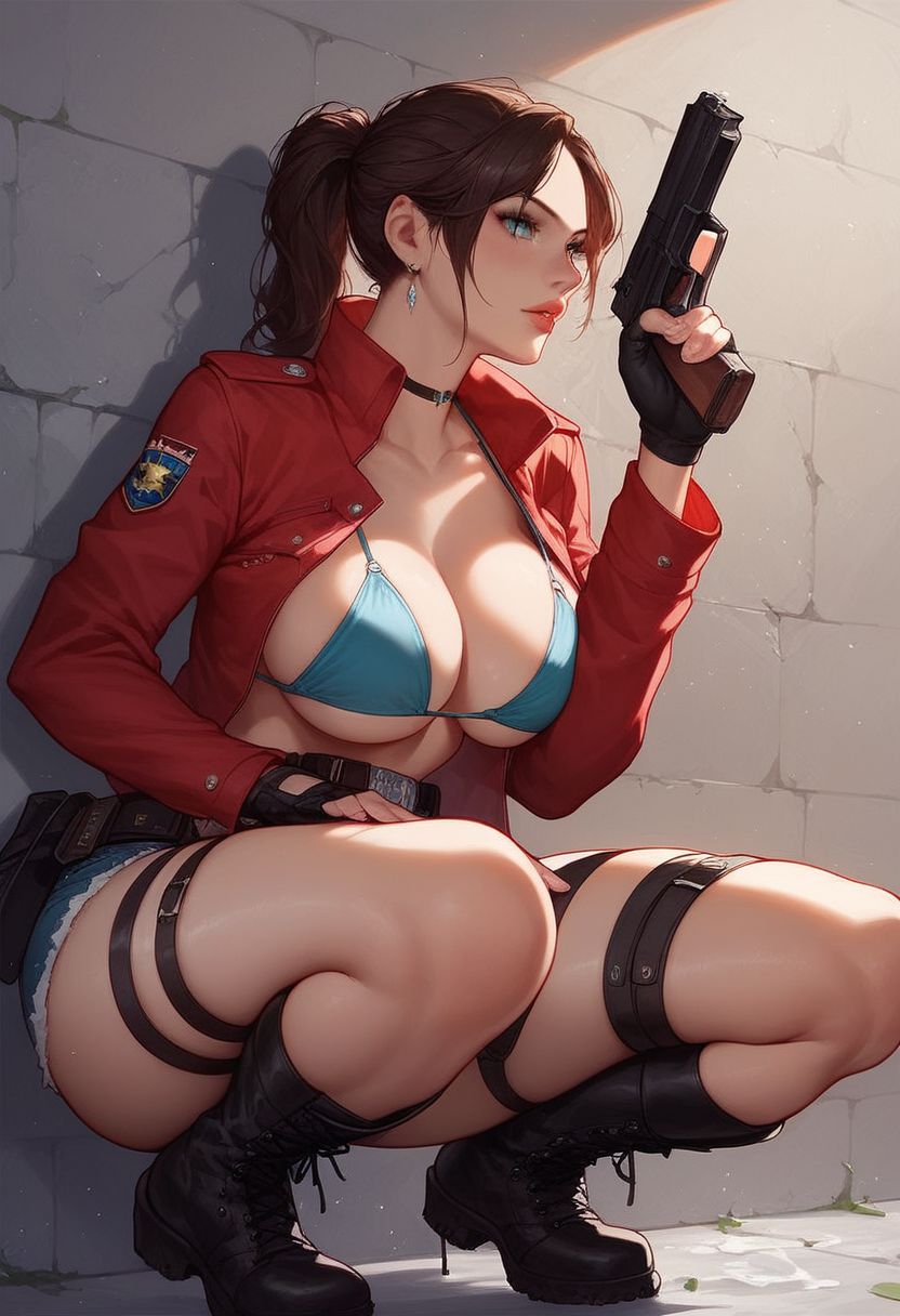 score_9, score_8_up, score_7_up, western cartoon, volumetric lighting, dramatic lighting, g0thicPXL, fFaceDetail, ultra detailed, beautiful face, (green ambient light:1.5), (big breasts:1.5), 1 girl, claire redfield, brown hair, ponytail, blue eyes, (police uniform:1.5), long sleeves, (huge penis:1.5), (bikini bra:1.5), (long foreskin:1.5), (eyeshadow), (blue thigh highs), (cotton legwear:1.5), (black legwear:1.5), earrings, beautiful eyes, (tactical boots:1.5), (jean shorts:1.5), (military encampment:1.5), (choker), (skimpy:1.5), (ambient lighting), (fingerless gloves:1.5), (leg strap:1.5), (cock ring:1.5), (tactical belt:1.5), (focused expression:1.5), (training:1.5), (holding gun:1.5), (red jacket:1.5), (crouching:1.5), (next to wall:1.5)
