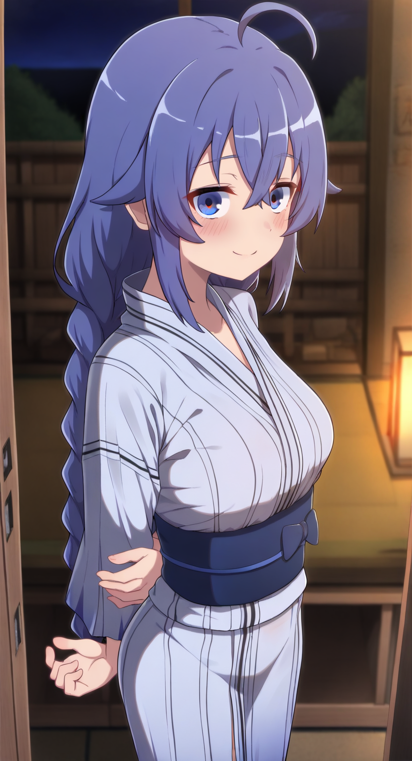 masterpiece, cute, lovely, newest, absurdres, (best quality:1.3), amazing quality, very aesthetic, 1girl, solo, blush, (big breasts:0.7), (Kamuo_Style), high gradient eyes, open eyes, big eyes, roxy migurdia, ahoge, blue eyes, blue hair, braid, hair between eyes, long hair, twin braids, very long hair, flushed, happy, dynamic angles, cinematic angles, warm colors, (solo, night, cloakroom, blurry background, side view, wavy hair, hair between eyes, standing, hands behind back, smiling, blush, blue yukata, blue sash, blue obi), (sexy perspective), (perfect hands, perfect fingers, anatomically correct hands, detail eyes)