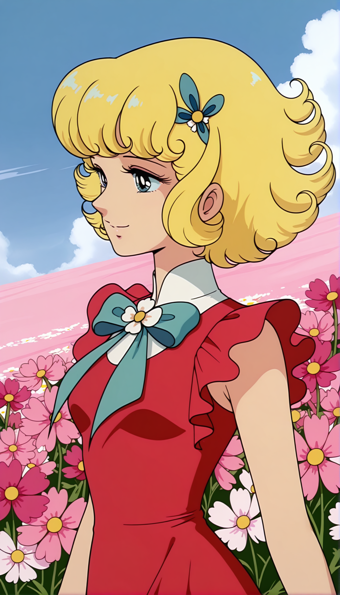 masterpiece,best quality,amazing quality,luluill,1girl,solo,1970s \(style\),retro artstyle,blonde hair,short hair,curly hair,blue eyes,flower,cosmos \(flower\),hair ornament,dress,red dress,bow,smile,from side,<lora:luluill:0.8>,