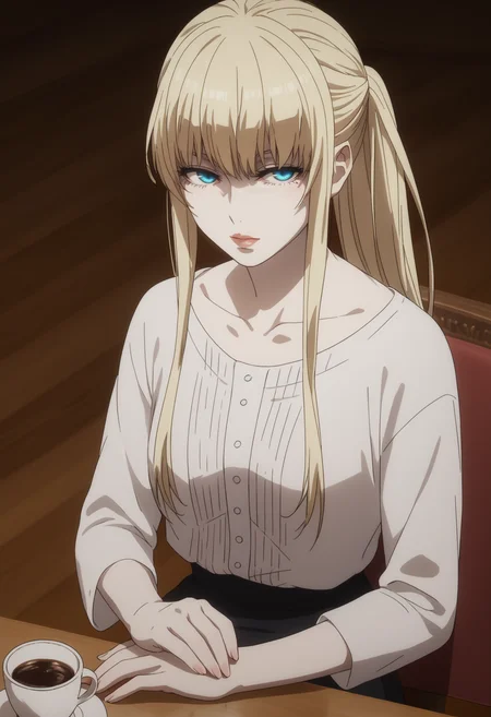 score_9, score_8_up, score_7_up, source_anime, BREAK 1girl, solo, <lora:DX888Phanora:1> phanora kristoffel,  blue eyes, pale skin, ponytail, dress, solo, having coffee, sitting, looking at viewer,