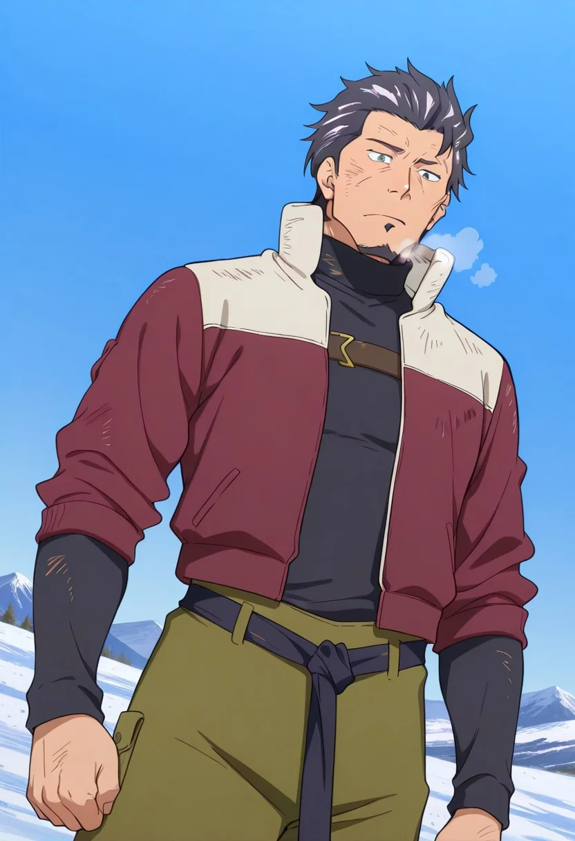 score_9, score_8_up, score_7_up, score_6_up, perfect anatomy, perfect proportions, best quality, masterpiece, high_resolution, high quality, best aesthetic, incredibly absurdres, highres, extremely detailed, huge filesize, solo male, adult, mature, masculine, manly, handsome, charming, alluring, standing, upper body, dutch angle, cowboy shot, source_anime \(Deca Dence\), anime coloring \(Deca Dence\), Kaburagi \(Deca Dence\), DDKaburagi, black hair, grey hair streak, multicolored hair, hair slicked back, facial hair, goatee, green eyes, sanpaku, constricted pupils, eyebrow slit, scar, DDKaburagi_outfit04, black turtleneck, red jacket, high collar jacket, long sleeves, olive work pants, wide pants, black tied belt, tied belt, brown boots, exhausted, bruise, blue sky, day, snowy, mountain
