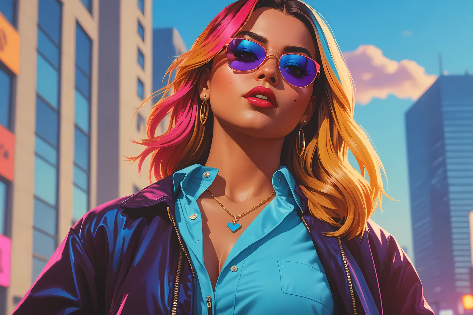 UHD, 8K, ultra detailed, a cinematic photograph of GTA-style artwork 1girl . satirical, exaggerated, pop art style, vibrant colors, iconic characters, action-packed, beautiful lighting, great composition