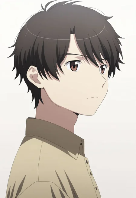 high resolution, solo, best quality, 1Boy, Inaho Kaizuka, Black Hair, Brown Eyes, potrait, dark shirt, looking at viewer, focused gaze forward, simple background, straight body, upper body, head upright, neutral expresion, OverallDetail
